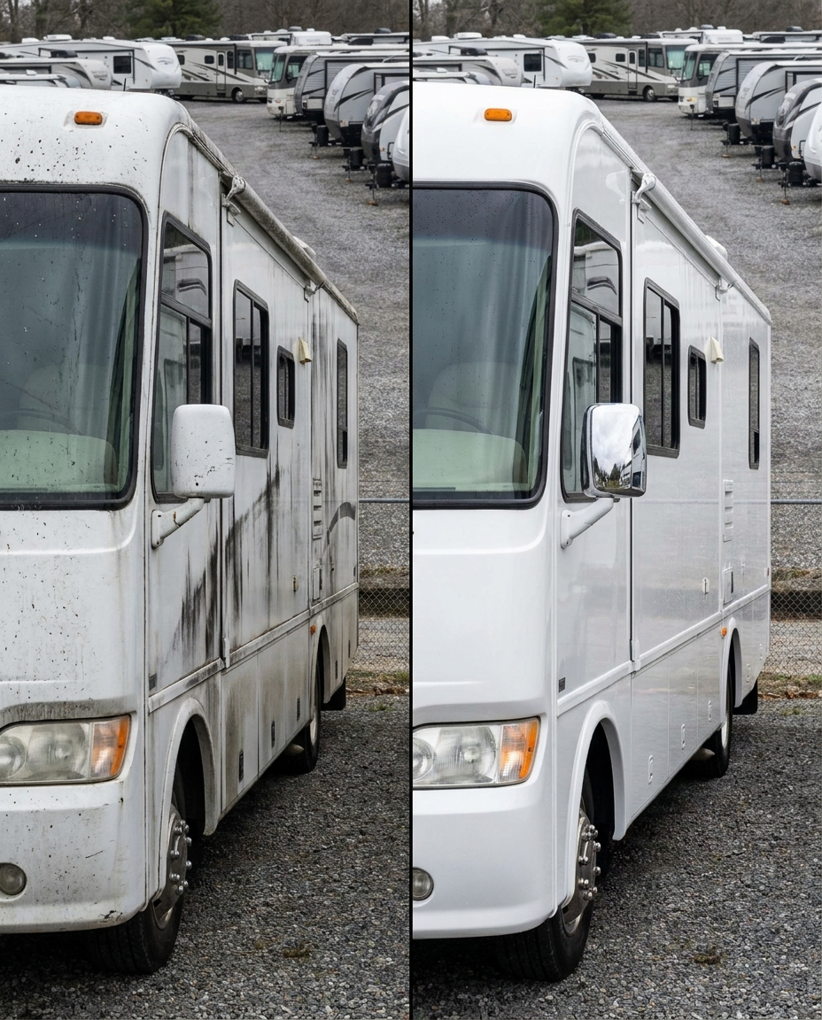 RV side panel before and after detailing — dirt and streaks removed