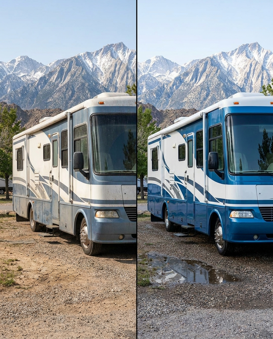 Black Mercedes Sprinter RV before and after mobile detailing