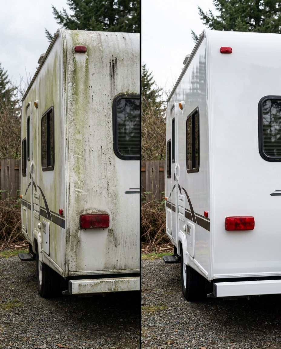 Travel trailer rear before and after — moss and grime cleaned away