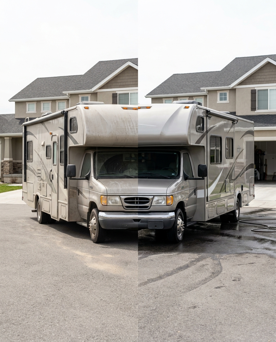 Class C motorhome before and after exterior wash and detail