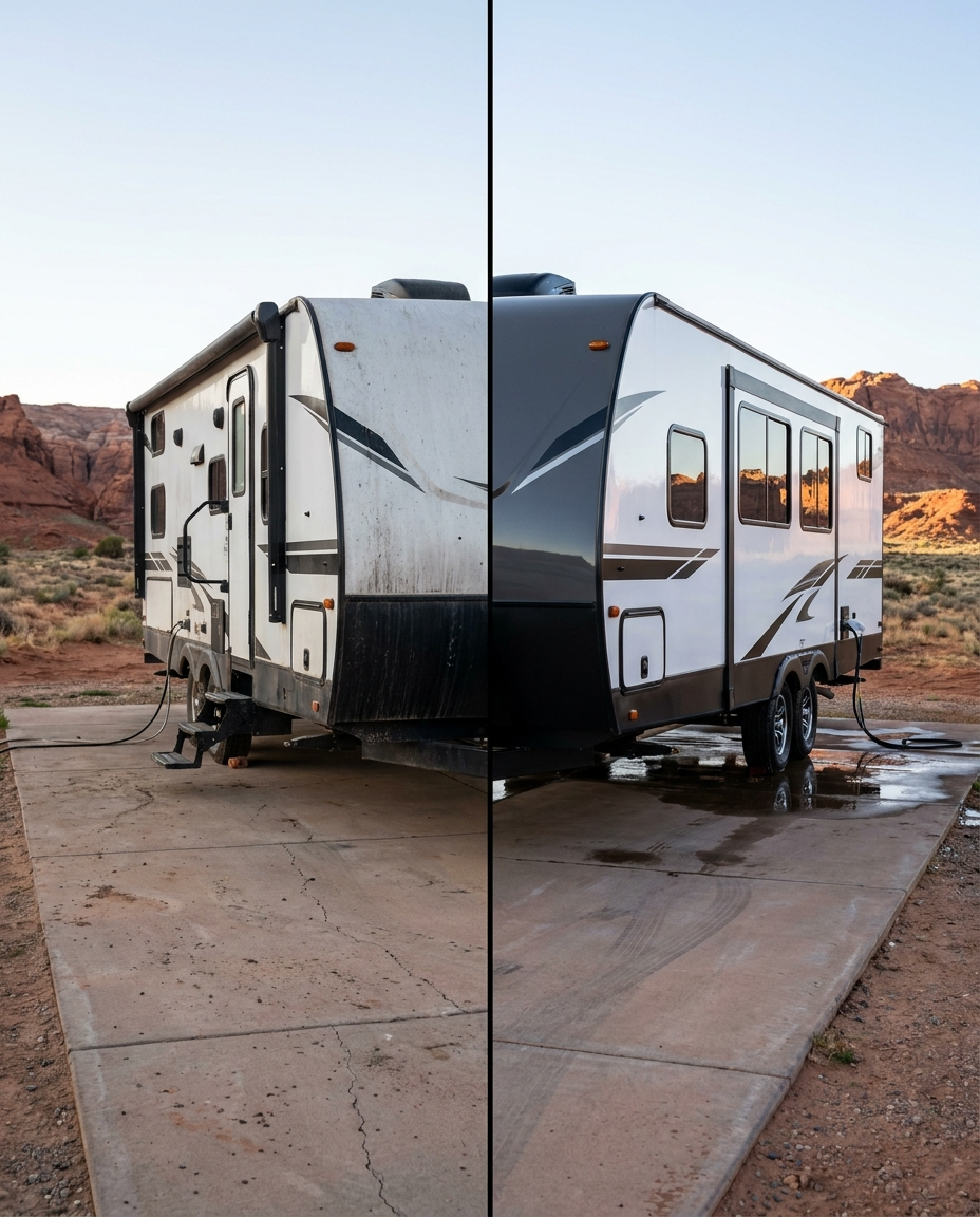 Travel trailer before and after wash in red rock country