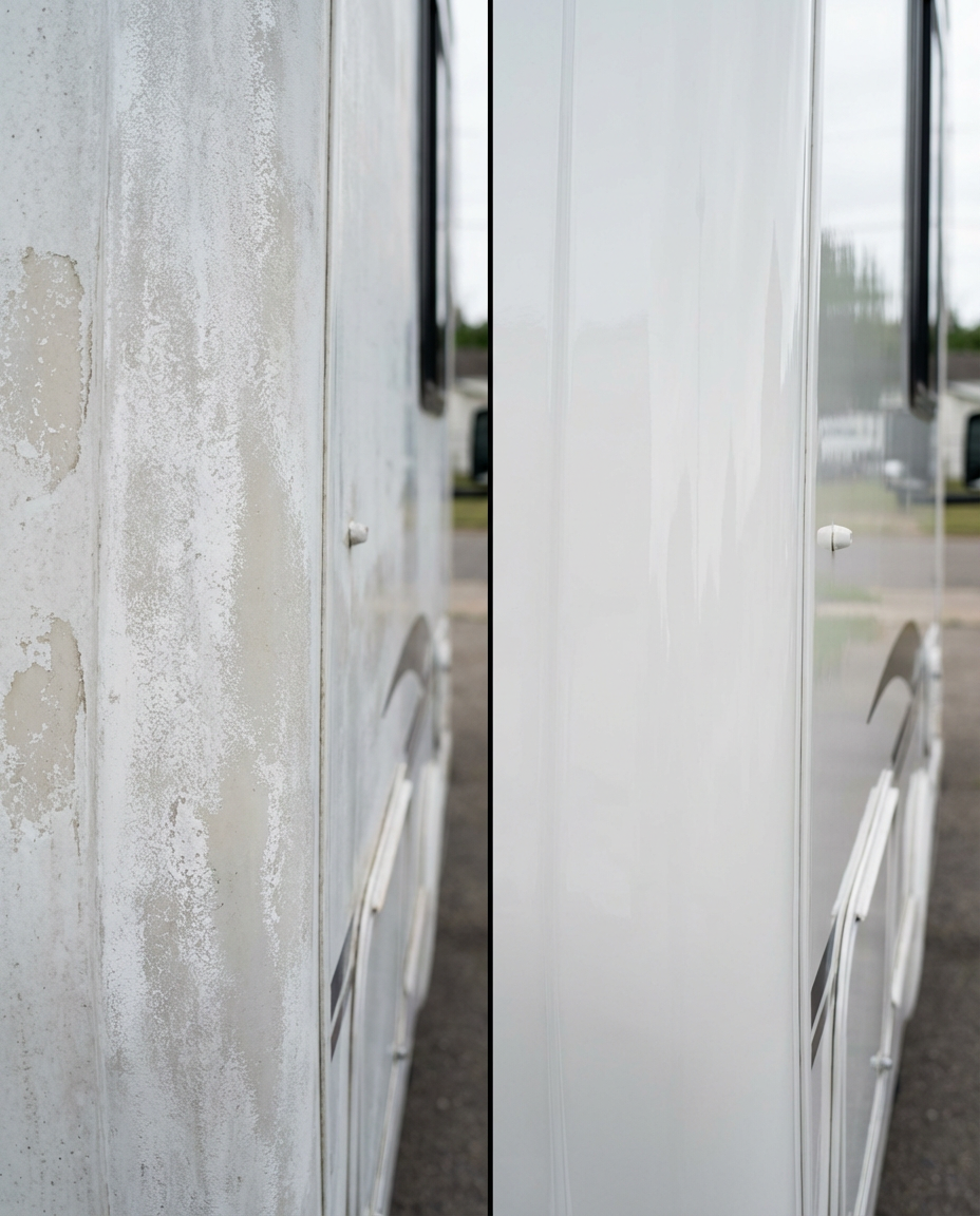 RV siding before and after oxidation removal — restored gloss
