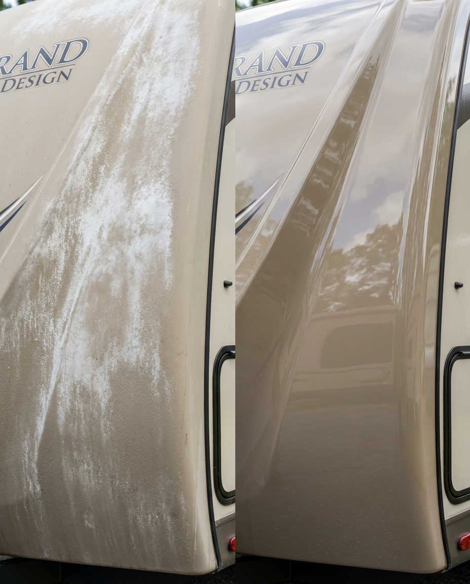 Grand Design trailer panel before and after — chalky finish polished to shine