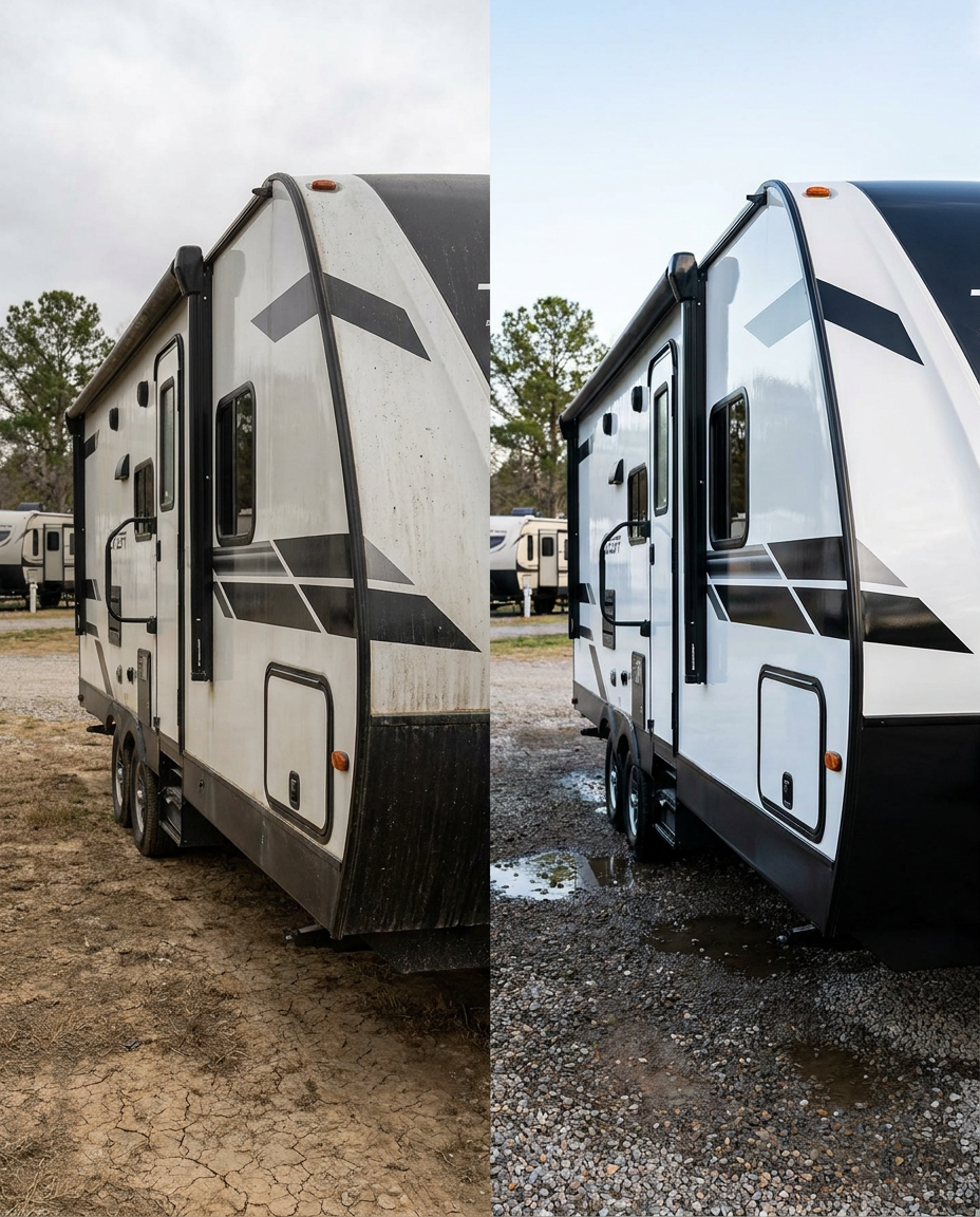 Travel trailer side panel before and after deep cleaning