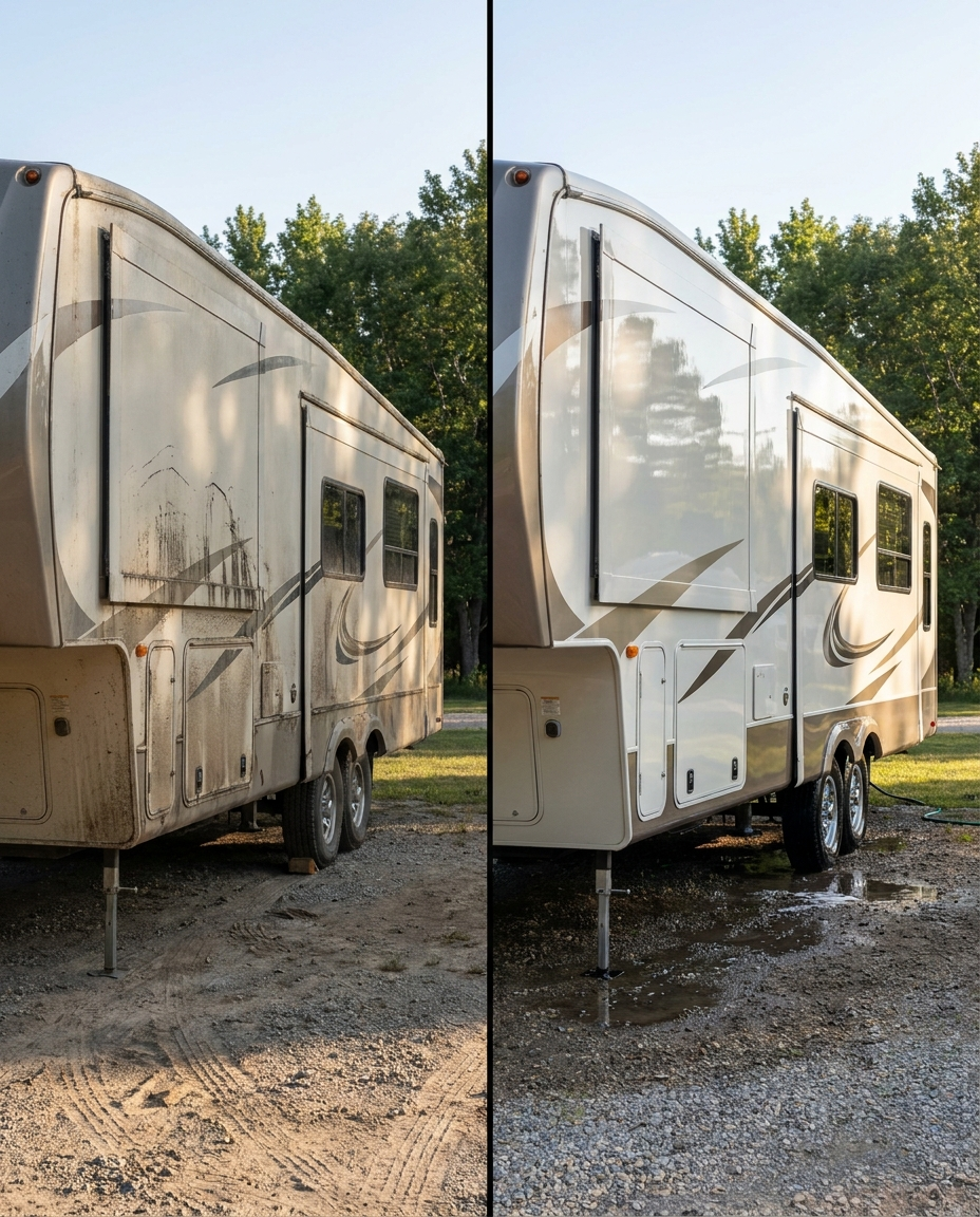 Fifth wheel trailer before and after oxidation removal and wash