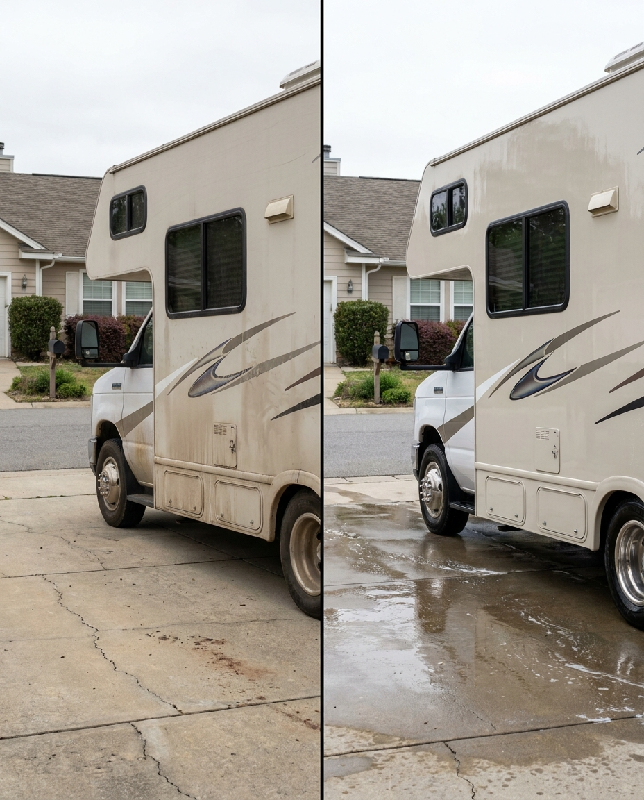 Class C RV before and after exterior detail and wash